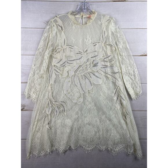 Free People Tunic Dress S Cream Floral Lace Mesh 3/4 Sleeve Vintage Look Boho - Picture 1 of 15